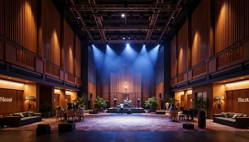 Luxurious music venue, rich wood grain textures, polished metal accents, velvety soft seating, vibrant stage lighting, dynamic sound waves, acoustic panels, reverberant atmosphere, intimate performanc