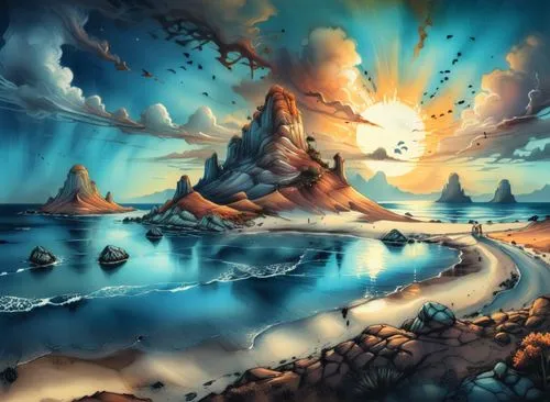 there is a painting of some beach and some mountains,fantasy landscape,fantasy picture,volcanic landscape,underwater landscape,cartoon video game background,fantasy art,Illustration,Realistic Fantasy,