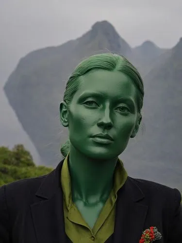 A perfect woman.,a woman in a dark suit and green shirt with a green jacket on,green skin,greeniaus,matangi,bordafjordur,kaljurand,perroncel,Illustration,Black and White,Black and White 26