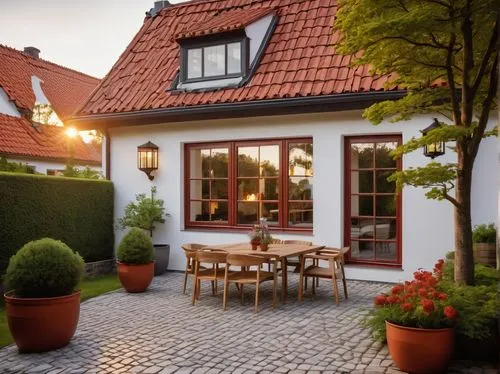 Denmark architecture, Nordic style, modern villa, white walls, red roof tiles, wooden doors, large windows, greenery surroundings, trees, garden, flowers, lanterns, stone pavement, peaceful atmosphere