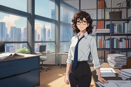 Middle-aged woman, architect, Motherwell, standing, confident posture, glasses with thick black frames, curly brown hair, subtle makeup, business casual attire, white blouse, dark blue trousers, black