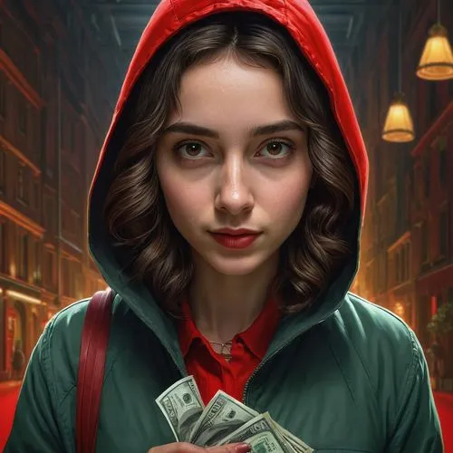 red riding hood,little red riding hood,money heist,spinelli,red coat,librarian,sci fiction illustration,elektra,ariela,alibrandi,alita,mystery book cover,gwent,raimi,game illustration,digital painting,portrait background,jasinski,world digital painting,jaya,Illustration,Realistic Fantasy,Realistic Fantasy 27