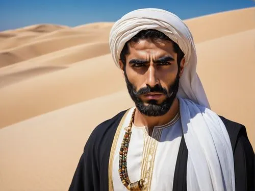 Middle Eastern, hairy Arab man, muscular build, strong jawline, thick eyebrows, short beard, mustache, messy black hair, white dishdasha, traditional clothing, golden accessories, intense gaze, standi