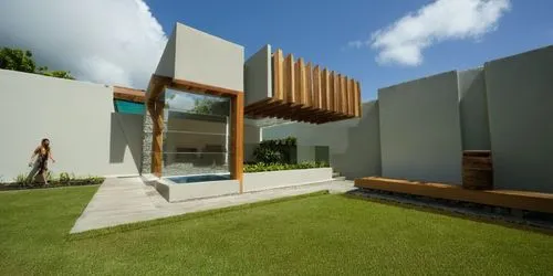 DISEÑO DE UNA PALAPA  ESTILO MINIMALISTA, CON PERGOLAS DE CONCRETO, ELEMENTOS PARA SOMBRE, LOSA DE CONCRETO CON CANAL DE ACERO, CANCELES DE ALUMINIO CON CRISTAL, MURO CASCADA CON ESPEJO DE AGUA,the si