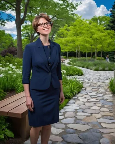 Jennifer Horn, landscape architect, 30s, female, short hair, glasses, professional attire, standing, gesturing, green park, sunny day, blue sky, white clouds, lush trees, vibrant flowers, stone pathwa