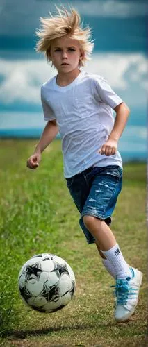 Reyn Khuprus, Shota, young boy, 10yo, messy blond hair, bright blue eyes, freckles on nose, casual wear, white T-shirt, denim shorts, sneakers, holding a soccer ball, standing, running, kicking, energ