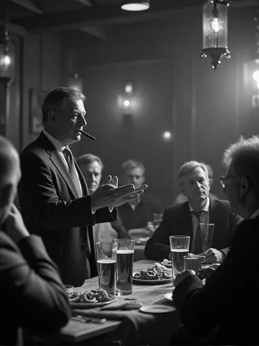 Realistic black and white photo: In a southern German restaurant hall, a conservative politician in a suit and tie, standing and not smoking, speaks to his listeners, who are gathered around several t