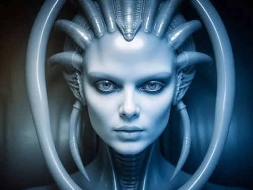 H.R. Giger influence,an alien woman is surrounded by futuristic hair,jadzia,giger,sirian,asari,satari,vorlon