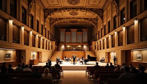 Grand concert house, ornate facade details, classic columns, symmetrical architecture, elegant stonework, rich wood tones, sophisticated interior design, refined acoustic features, professional sound 