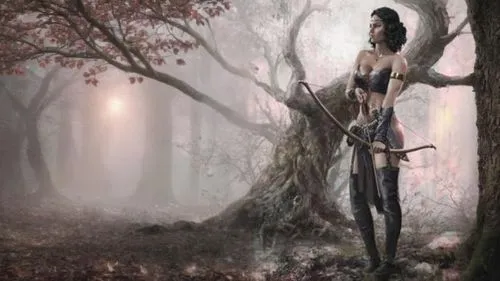 there is a woman that is standing by the trees,dryads,dryad,hekate,faerie,the enchantress,fantasy picture