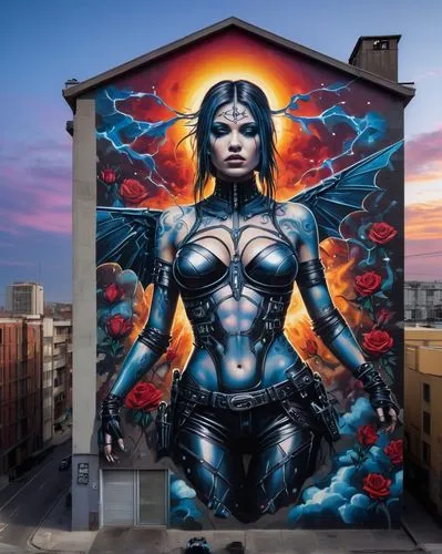 ((Linda mulher num lindo lugar numa pose sensual, pintada num mural de um prédio)). Sunset and lightning with lots of black phanter.This transformation is captured in high-definition. depicting surrea