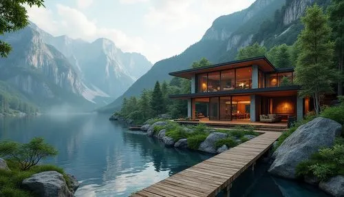 Mountainous landscape, serene lake, lush greenery, rustic wooden bridges, natural stone pathways, modern minimalist architecture, cantilevered roofs, large glass windows, sliding doors, open floor pla