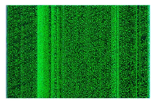 Digital matrix picture, futuristic neon lights, green binary code, complex circuitry patterns, metallic frame, glossy surface, reflective material, 3D composition, cinematic lighting, shallow depth of