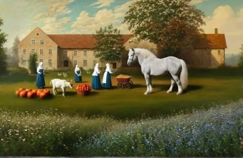 agricultural scene,pony farm,man and horses,village scene,horse and cart,chevaux,a white horse,farm landscape,pastoral,sedlacek,horse stable,lipizzaners,lipizzan,farmhouse,horses,agriculture,ploughing,hunting scene,stables,riding school