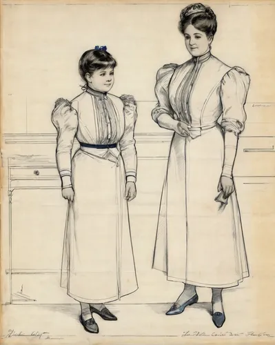 women's clothing,sewing pattern girls,women clothes,kate greenaway,victorian fashion,chef's uniform,nurse uniform,laundress,two girls,ladies clothes,young women,costume design,vintage drawing,knitting clothing,protective clothing,vintage paper doll,girdle,crinoline,little girl and mother,garment,Unique,Design,Blueprint