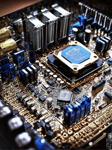 Microprocessor, digital circuit, motherboard, CPU, dual implementation, identical ISA, varying transistor count, differing clock speed, distinct power consumption, heat sink, fan, intricate details, m