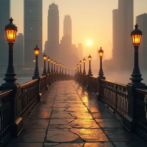 golden bridge,street lamps,walkway,streetlamps,full hd wallpaper,cityscapes,gaslight,scenic bridge,daybreak,chicago,chicago skyline,dawning,amanecer,morning mist,gaslights,hakeim,bridge,chain bridge,sunrise,early morning,Photography,General,Realistic