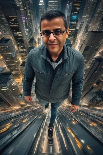 Giant walking between Skyscraper, long focus, night lighting.,city ​​portrait,mini e,image manipulation,3d albhabet,photo manipulation,photomanipulation,photoshop manipulation,composite,image editing,