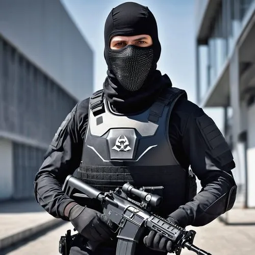 balaclava,ballistic vest,high-visibility clothing,dissipator,face protection,kalashnikov,face shield,ventilation mask,wearing a mandatory mask,swat,bodyworn,ski mask,terrorist,protective mask,protective clothing,male mask killer,man holding gun and light,operator,mercenary,agent 13,Photography,General,Realistic