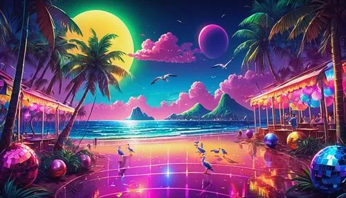 dream beach,3d background,ocean paradise,paradisus,delight island,3d fantasy,neon cocktails,colorful background,lagoon,paraiso,beautiful wallpaper,futuristic landscape,neon candies,background colorful,summer background,tropical beach,fantasy landscape,bahamonde,acid lake,unicorn background,Illustration,Realistic Fantasy,Realistic Fantasy 38