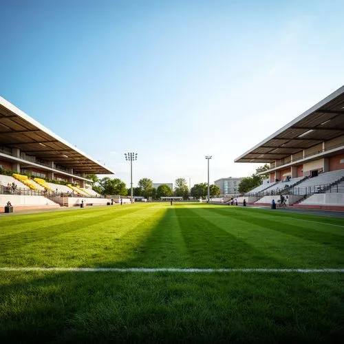 Lush green grass, athletic tracks, sports equipment, stadiums, grandstands, sunny day, clear blue sky, natural lighting, soft warm glow, ambient shadows, realistic textures, 3/4 composition, panoramic