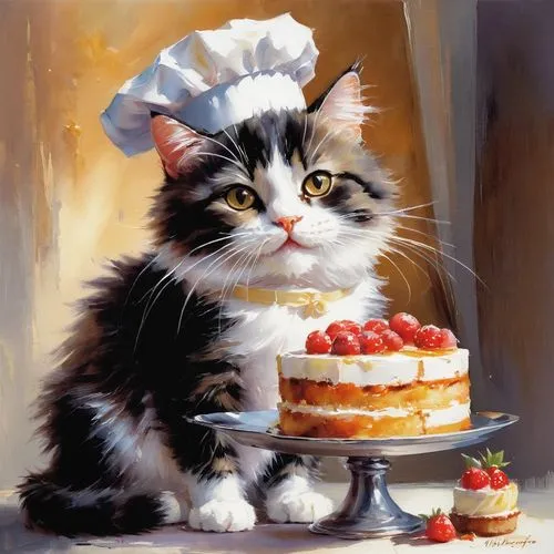 tea party cat,caterer,pastry chef,petit gâteau,little cake,cake decorating,confectioner,strawberrycake,calico cat,cake decorating supply,shortcake,torte,cute cat,fruit cake,timbale,domestic cat,cherrycake,cat european,pastry,culinary art,Conceptual Art,Oil color,Oil Color 03