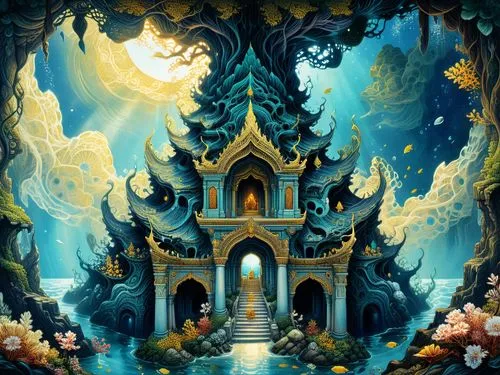 amazing fractal,an artistic image of an asian shrine and stairway,cartoon video game background,fantasy picture,fairy tale castle,fairy world,fractal environment,alfheim,Illustration,Realistic Fantasy