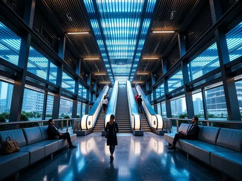 Futuristic metro station, sleek modern architecture, grand entrance halls, stainless steel beams, LED light installations, programmable color schemes, dynamic lighting effects, glowing escalators, lum