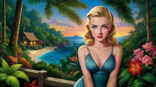 Romantic masterpiece oil painting, cute girl portrait, nostalgic 1950's style kitsch, vibrant rainforest landscape, lush tropical jungle paradise, summer beach vacation seaside cottage scenery, by Tho