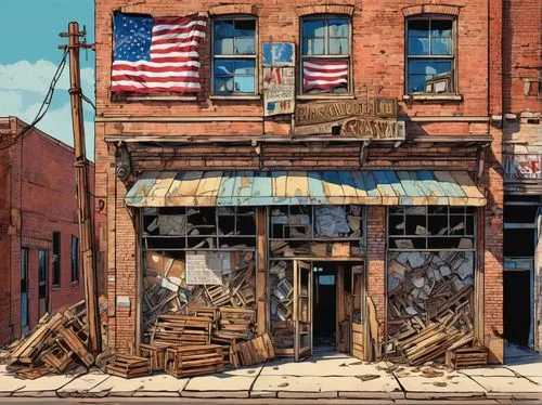 Abandoned architectural salvage store, KC, industrial cityscape, old brick building, rusty metal beams, worn wooden crates, scattered construction materials, vintage machinery, nostalgic atmosphere, w