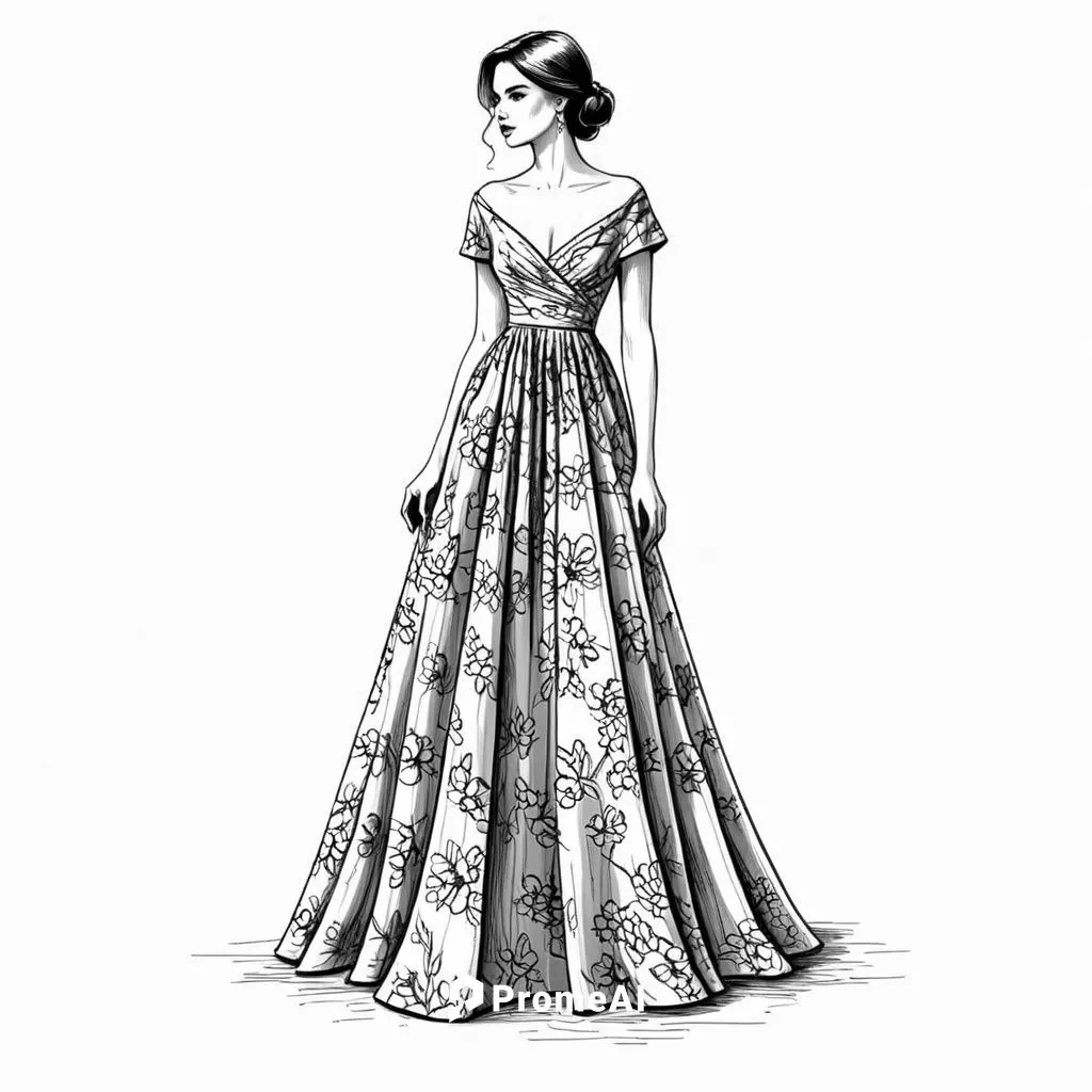 an illustration of a woman in a long dress,evening dress,a floor-length dress,ball gown,ballgown,eveningwear,vintage drawing,Design Sketch,Design Sketch,Black and white Comic