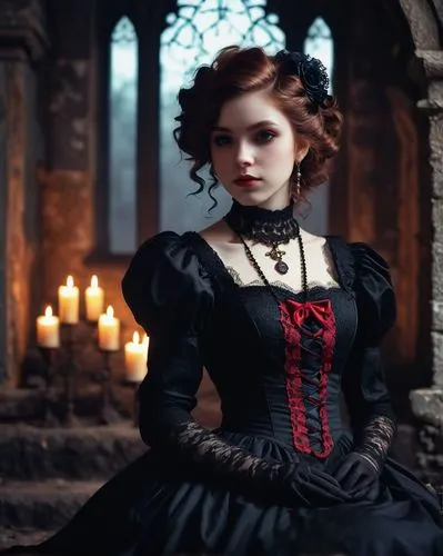 Tatyana, gothic lolita, solo, (14yo), pale skin, crimson eyes, curly brown hair, lace gloves, Victorian-era inspired dress, black stockings, leather boots, ornate necklace with a miniature Strahd's cr