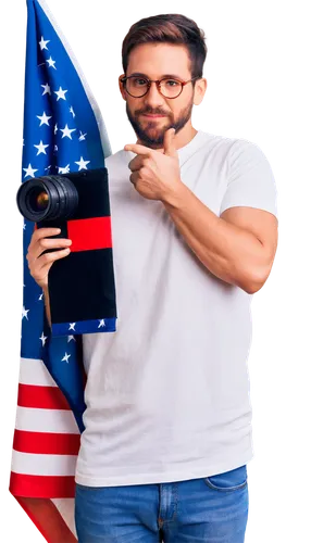 American photographer, male, 30s, casual wear, denim jeans, white T-shirt, brown hair, glasses, beard, holding camera, standing, urban setting, USA flag in background, warm sunlight, shallow depth of 