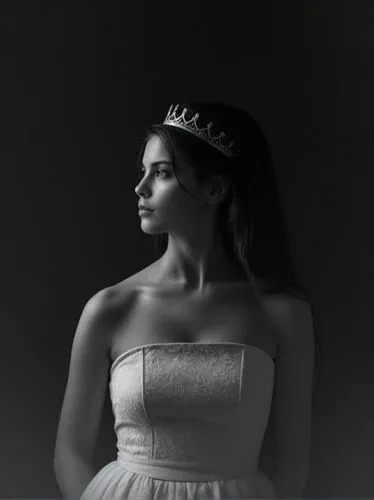 Portrait of a queen, technically optimal high-resolution contemporary black and white photographic art.,woman wearing white dress in black and white po,crown silhouettes,quinceaneras,quinceanera,princ