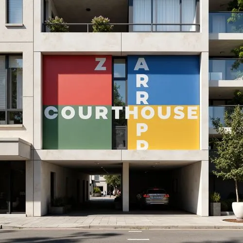 Courthouse facade, geometric shapes, primary colors, bold typography, clean lines, rectangular forms, functional simplicity, industrial materials, exposed ductwork, concrete walls, steel beams, minima