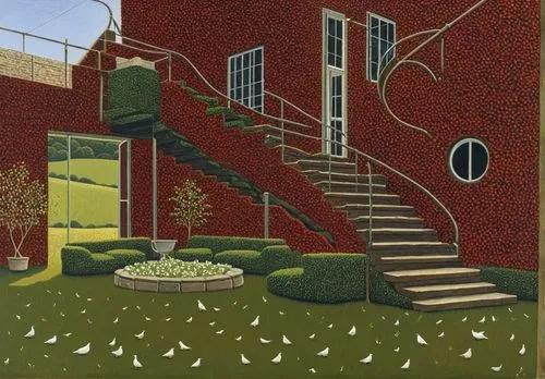 painting with stairs, planters and boxes in front of red brick building,burchfield,sedlacek,tunnicliffe,bawden,voysey,hockney,Art,Artistic Painting,Artistic Painting 30