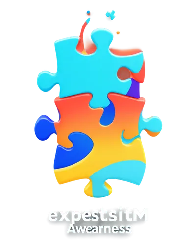 Autism awareness logo, blue puzzle piece, colorful swirling patterns, bold font, bright colors, gradient effect, shiny surface, 3D rendering, low-angle shot, soft focus, natural light, warm color tone