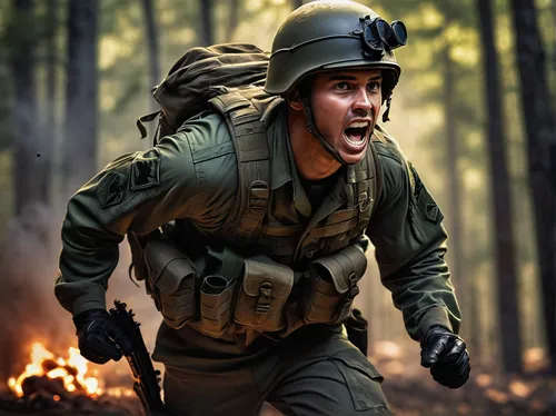 soldier, action pose, teeth pulling grenade pin, military uniform, combat boots, determined expression, gritty texture, metal material, forest background, dynamic angle, intense lighting, close-up on 