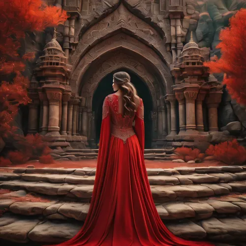 Una tierra de tonos turquesas, con nueves rojas y montañas hechas de hueso. De fondo una mujer, hermosa, magica,red gown,red tunic,lady in red,red cape,man in red dress,shades of red,fantasy picture,r