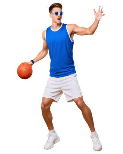 Young muscular man, basketball player, dynamic pose, athletic body, sweaty face, determined expression, messy short hair, sporty sunglasses, white jersey, blue shorts, sneakers, basketball in hand, ju