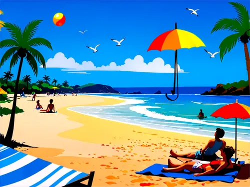 Beach scene, sunny day, clear blue sky, gentle waves, soft golden sand, palm trees swaying, seagulls flying overhead, beach balls scattered, colorful towels and umbrellas, people relaxing, reading boo