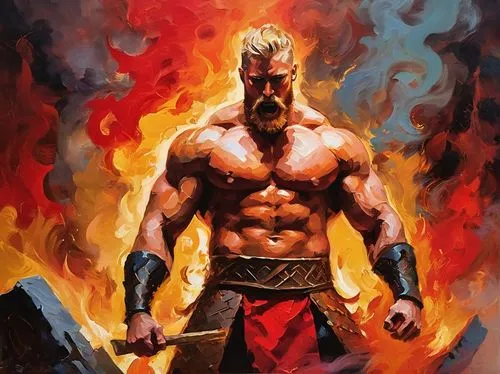 barbarian,viking,god of thunder,blacksmith,maul,thor,dane axe,sparta,splitting maul,the warrior,warlord,fire background,fire master,odin,valhalla,fury,poseidon,witcher,bordafjordur,warrior,Conceptual Art,Oil color,Oil Color 20