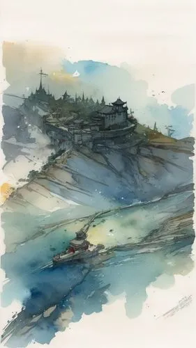 watercolor painting of a hill with houses and buildings on top,penglai,gunkanjima,watercolorist,watercolor sketch,watercolor,watercolors,Illustration,Paper based,Paper Based 07