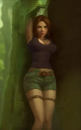 a portrait half body of a beautiful Scarlett Johansson 26 years old brown  hair wearing a brown T-shirt  and green shorts, whit the hands tied to pole stand up in a cave in the jungle at sunset whit t