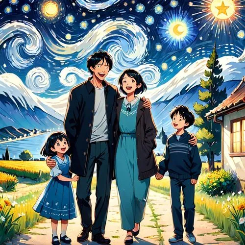 studio ghibli,ghibli,hokusai,mabuchi,shinran,starry sky,Anime,Anime,Traditional