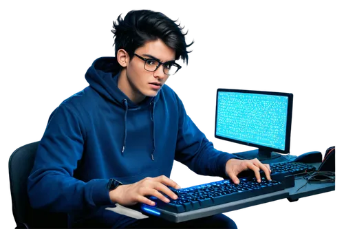 male, hacker, solo, (25yo), messy black hair, thick-framed glasses, earring, black hoodie, jeans, sneakers, intense facial expression, fingers typing rapidly on keyboard, multiple monitors, coding scr