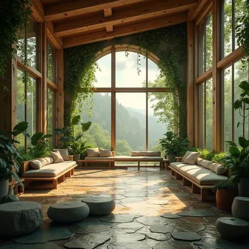 sunroom,conservatory,indoor,living room,livingroom,forest house,beautiful home,home landscape,terrarium,indoors,the cabin in the mountains,sitting room,verdant,landscaped,big window,tropical house,front porch,house in the mountains,cabana,porch,Photography,General,Realistic