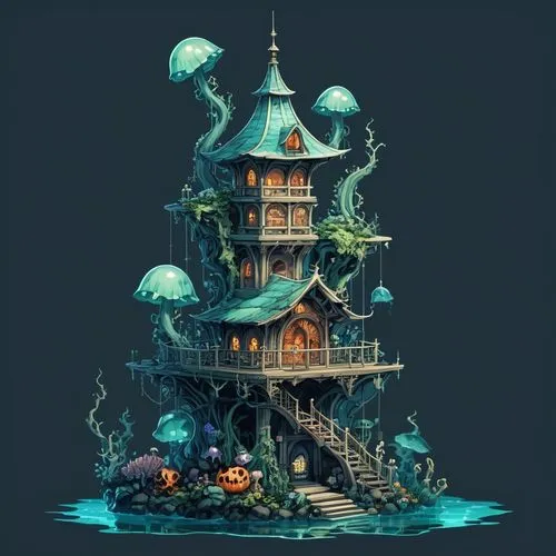 house of the sea,mushroom island,witch's house,treehouse,turtle tower,fairy house,Illustration,Abstract Fantasy,Abstract Fantasy 11