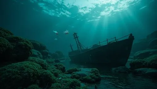 Mysterious underwater scene, dark cyan hues, eerie bioluminescent creatures, glowing jellyfish, abandoned shipwreck, rusty metal debris, seaweed-covered rocks, misty ocean atmosphere, soft blue-green 