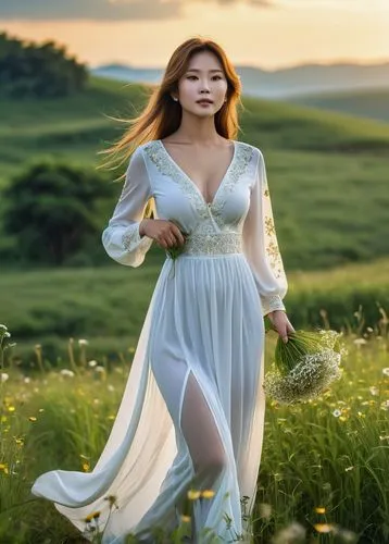 In a serene meadow, the swaying sound of wildflowers fills the air. A stunning woman with perfect big breasts, golden brown hair, dressed in a white Ao dai dress with sheer fabric. Above her head, her